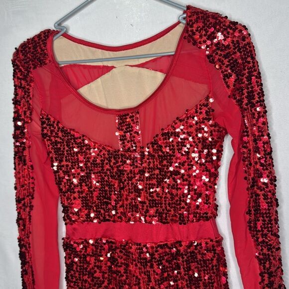 Weissman Red Sequin Long Sleeve Romper. Style #14172 “Love You Like A Love Song” - Picture 5 of 9